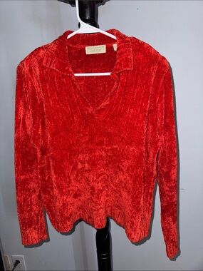Lord & Taylor Velvet Red V-Neck Sweater w/ Shoulder Pads m.b2